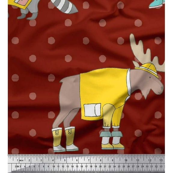 Soimoi Red Cotton Duck Fabric Dot & Animals Kids Print Fabric by the Yard 42 Inch Wide