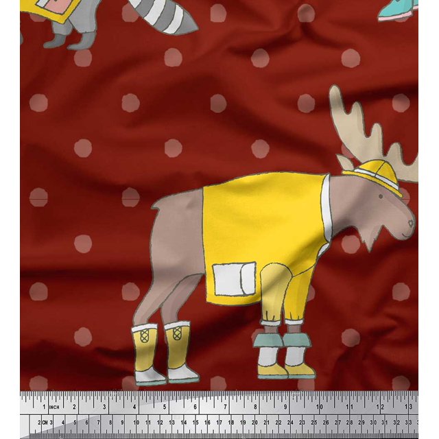 Soimoi Red polyester Crepe Fabric Dot & Animals Kids Print Fabric by Yard 42 Inch Wide