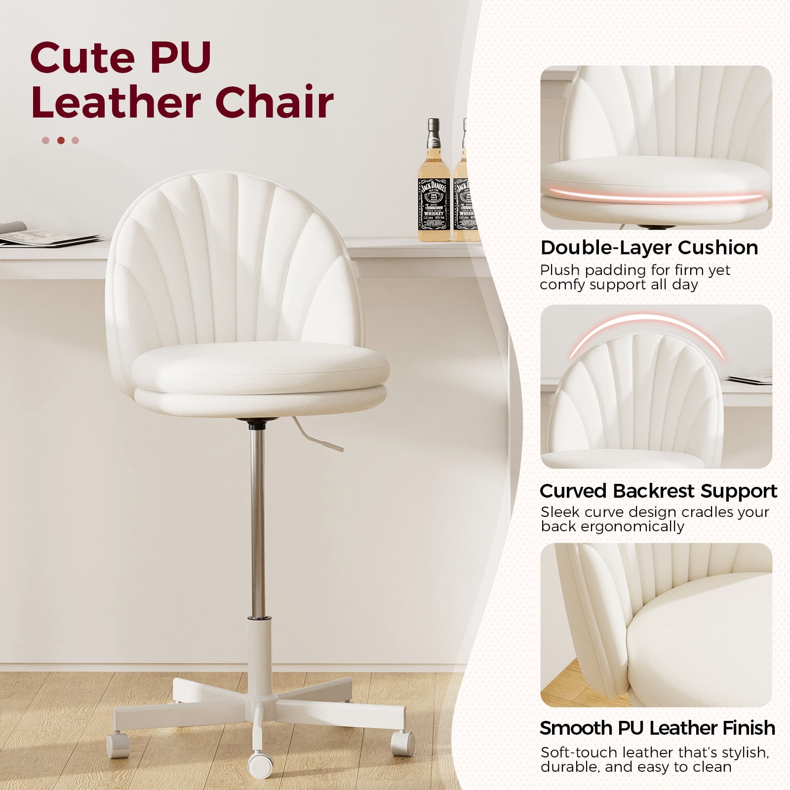 COMHOMA Ergonomic Tall Home Office Chair with Wheels Versatile Height Use form Office to Bar Stools (17.7"~23.6"), White
