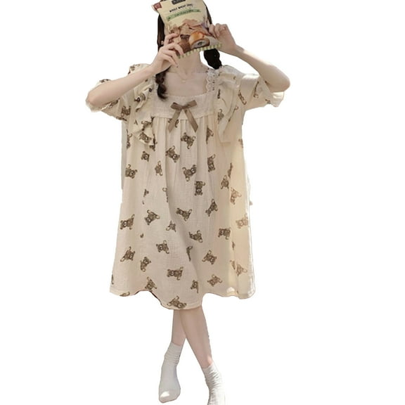 Vintage Bear Pattern Women's XL Nightgown - Puff Sleeves, Loose Fit, Breathable Loungewear Sleep Dress