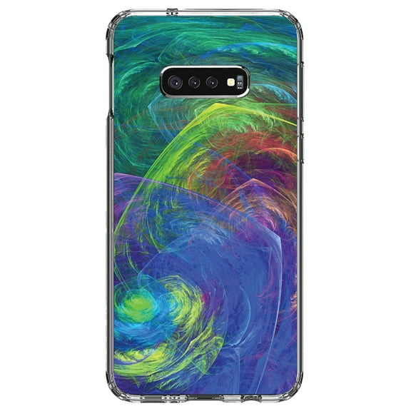 DistinctInk Clear Shockproof Hybrid Case for Samsung Galaxy S10e (5.8" Screen) - TPU Bumper, Acrylic Back, Tempered Glass Screen Protector - Abstract Color Light Swirl - Abstract Swirls