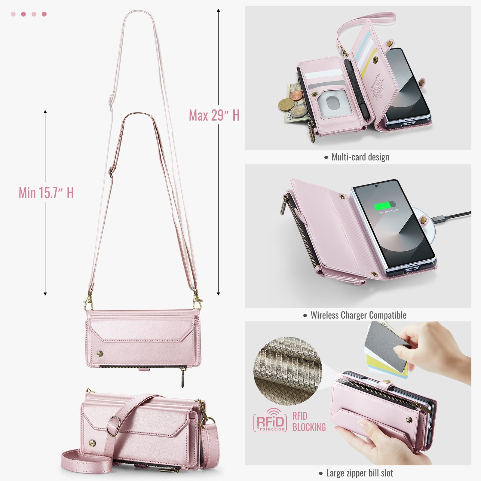 for Samsung Galaxy Z Fold 7 Full Body Protection Wallet Folio Flip Case, Shoulder Strap & Wristlet Card Slots Zipper Pocket RFID Blocking Rugged Durable PU Leather Phone Case Cover, Pink