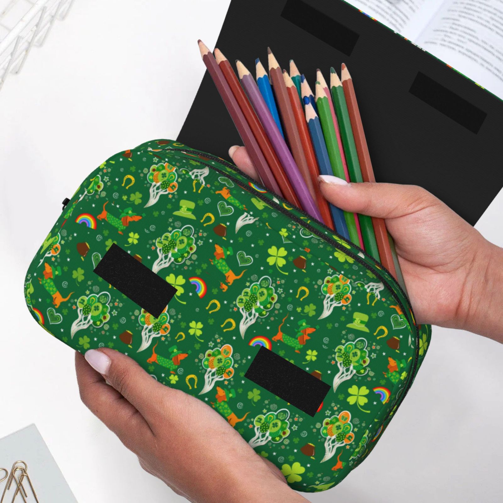 Rateoe St. Patrick's day Pattern Double Clamshell Pen Case, Storage Organizer with Two Zipper Compartments– Holds Up to 50 Pencils & Pens