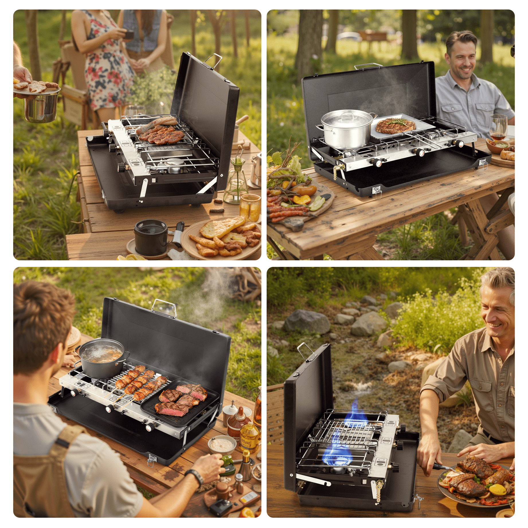 SaveJoy Portable Gas Grill, 3 Burner BBQ Propane Grill, Camping Stove with Hose Tank Adapter for Outdoor Cooking