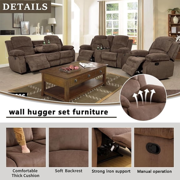 Manual Reclining Sofa Set, Living Room Furniture Sets, Corduroy Couch Sets with Coffee Table, Modern Manual Recliner Sofa Set with Storage Console for Living Room