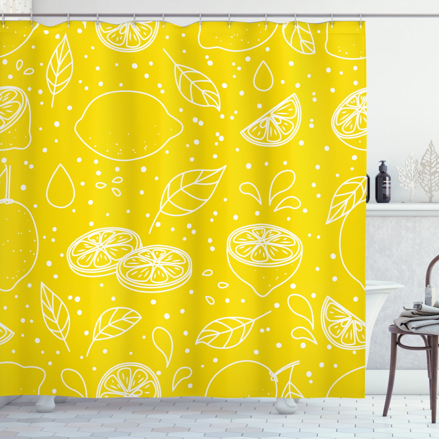 Yellow and White Shower Curtain, Fresh Artistic Pattern Juicy Lemons