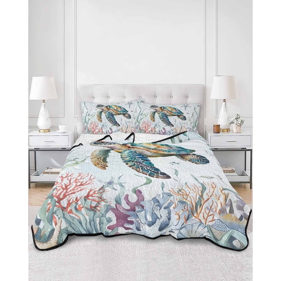 Quilts Twin Size, Sea Turtle Coastal Soft Comforter Bedding Set for Bed, Summer Beach Coral Ocean Seaweed Lightweight Quilted Bedspread with Pillow Cover(2 Pieces) for All Season, 68x86 Inch