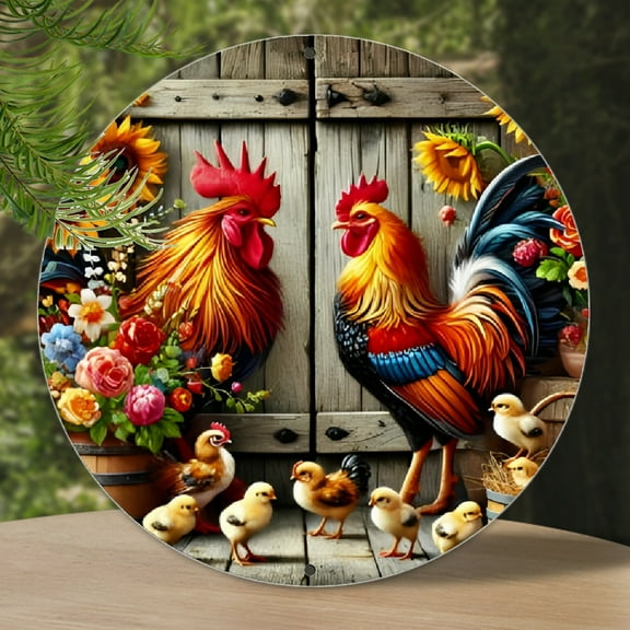 1pc Vintage Rooster and Chicks Aluminum Wall Art - 8x8 Inch Round 2D Printed Metal Sign, Floral Accents, Multipurpose Home, Street, Store, Garage, Bar, Farm, Garden Decor, Wall Hanging, No Electricity