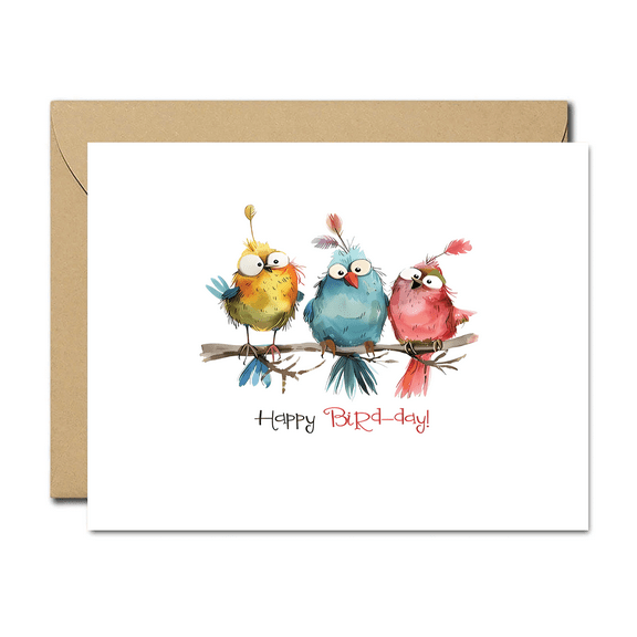 Happy Bird-day Card with Colorful Cartoon Birds – Fun Greeting Card for Bird Lovers – Perfect for Birthdays, Includes Envelope