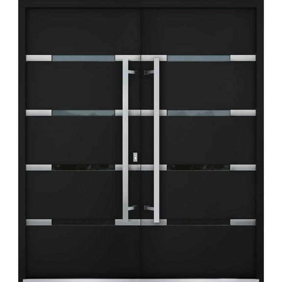Front Exterior Prehung Metal Double Doors / Deux 1105 Black Enamel Mirrored Glass / Entry Modern Painted