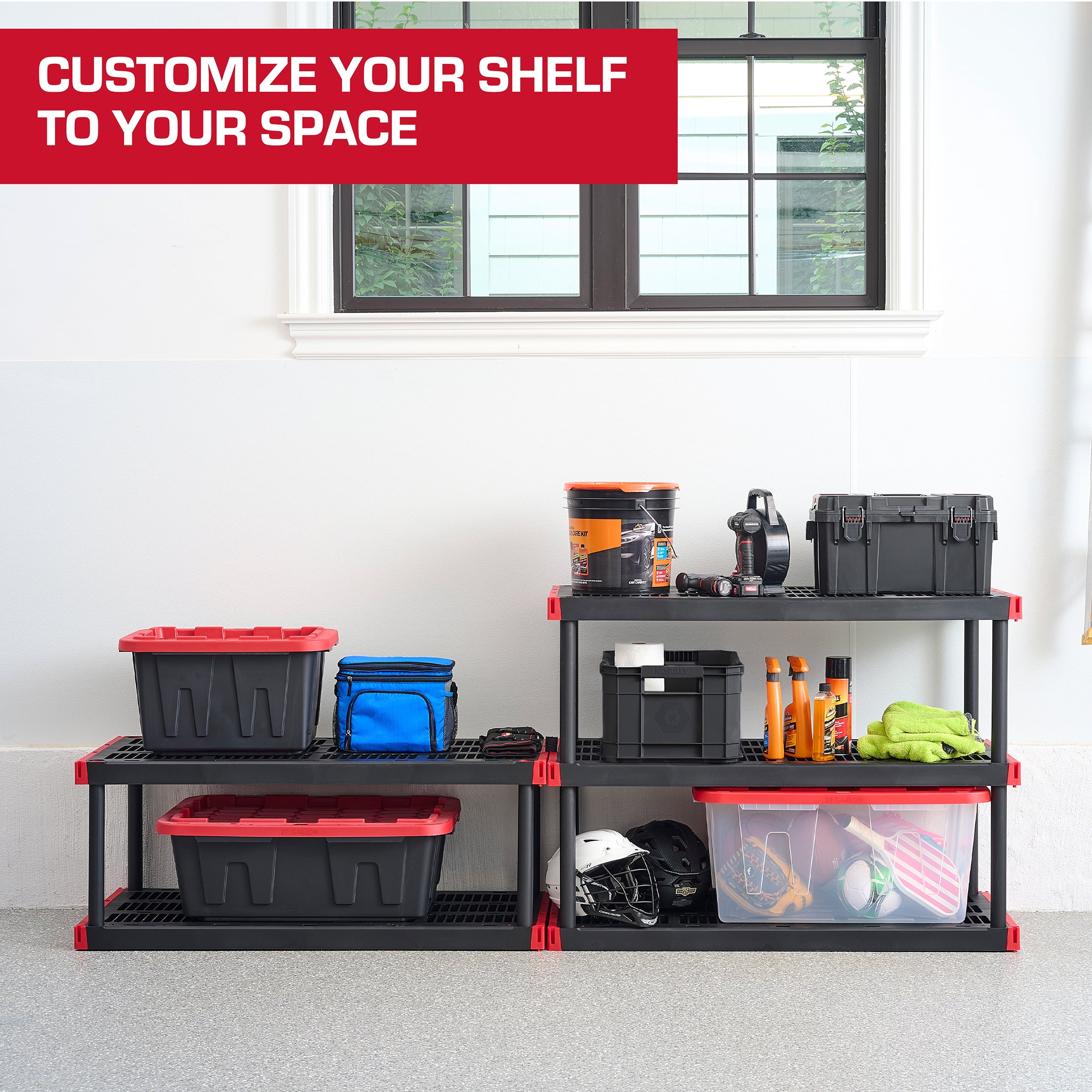 Hyper Tough 5 Shelf Plastic Storage Shelf, 48" W x 20" D x 72" H, Holds up to 1000 lb Total Capacity, Black and Red