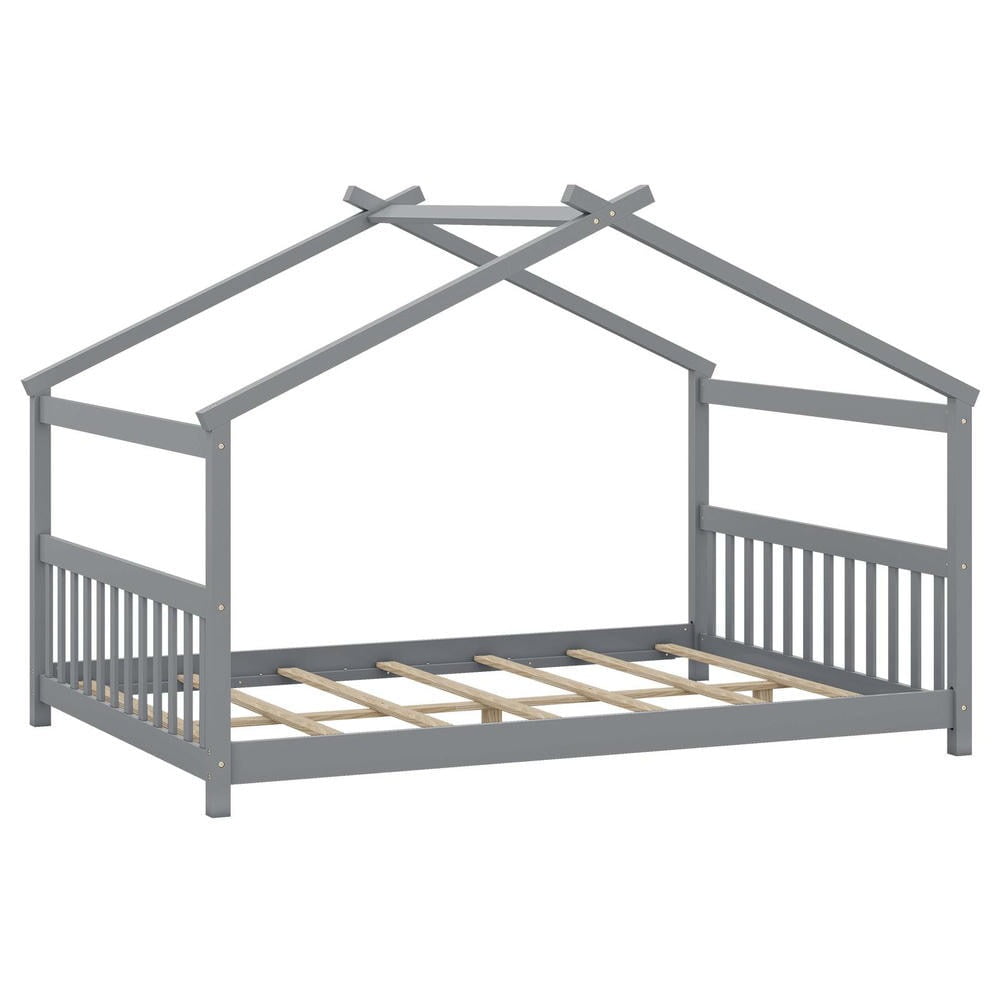 Barara King Full Size House Bedroom Bed Frame with Headboard, Montessori Floor Bed Platform Frame for Apartment, Bedroom, Gray