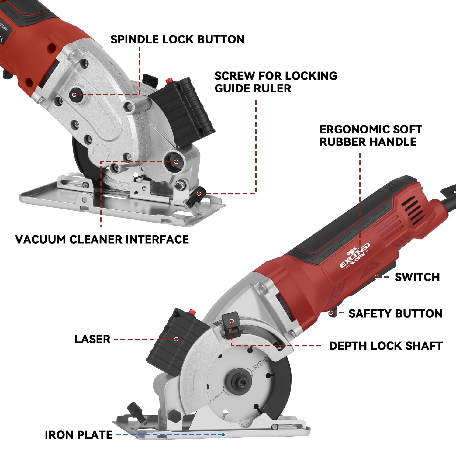 EXCITED WORK, 4.5Amps 3-3/8 in Electric Circular Laser Guided Power Saw, 6500 RPM