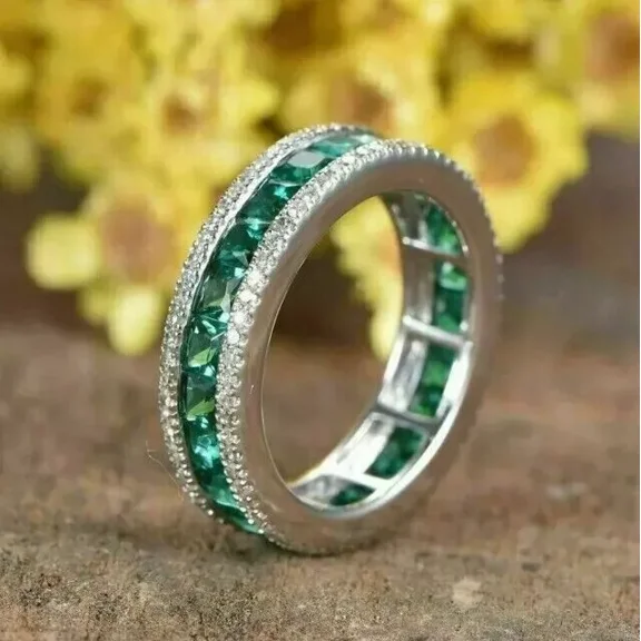3Ct Princess Simulated Emerald Women Wedding Eternity Rings 14k White Gold Over