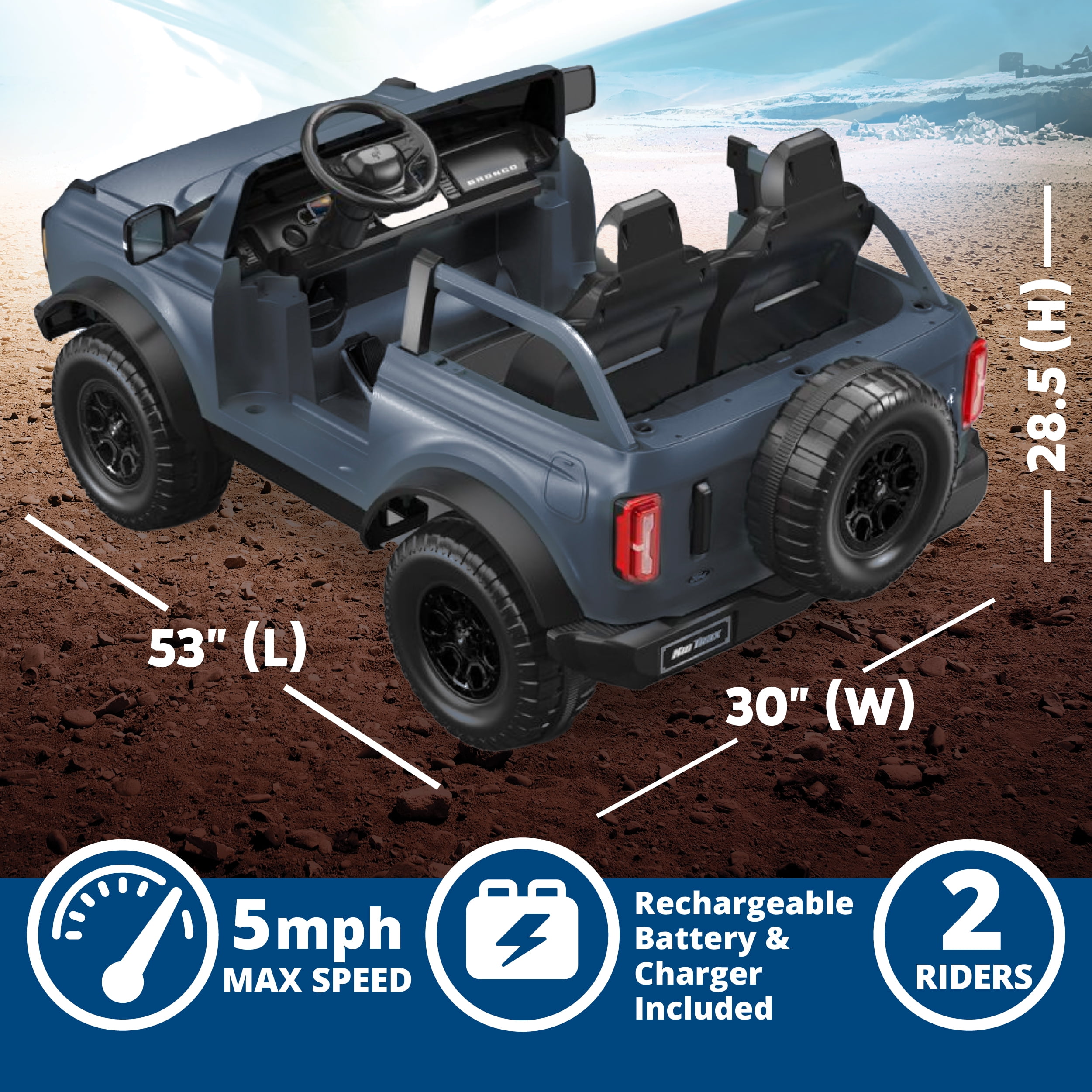 Kid Trax 12V Ford Bronco Ride-On Toy for Ages 3-7, Battery Powered, LED Headlights, FM Radio, MP3, Horn, 2-Seater, Max Weight 130 lb, 2 Speeds, Electric Car for Kids, Kids Ride on Toys, No Remote