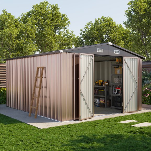 BaPiPro 10x12 ft Outdoor Metal Storage Shed, Heavy Duty Garden Tool Shed with Lockable Doors for Patio, Backyard, Brown