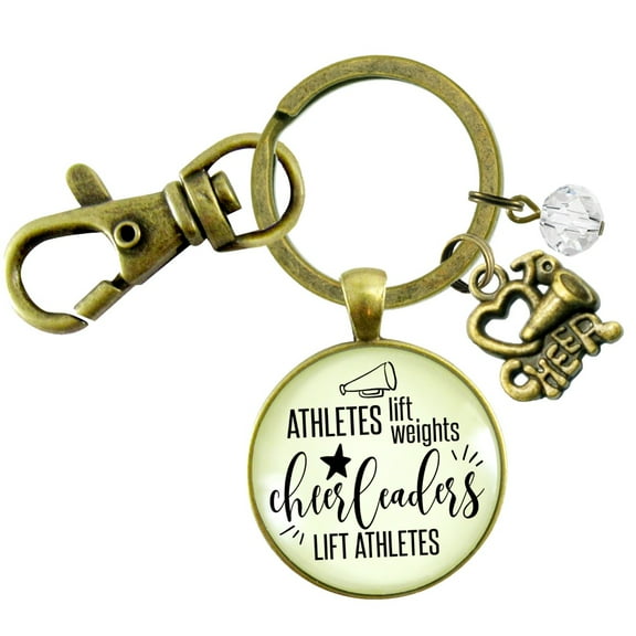 Cheer Gutsy Goodness Bronze Keychain Athletes Lift Weights Cheerleader Funny Quote Jewelry Megaphone