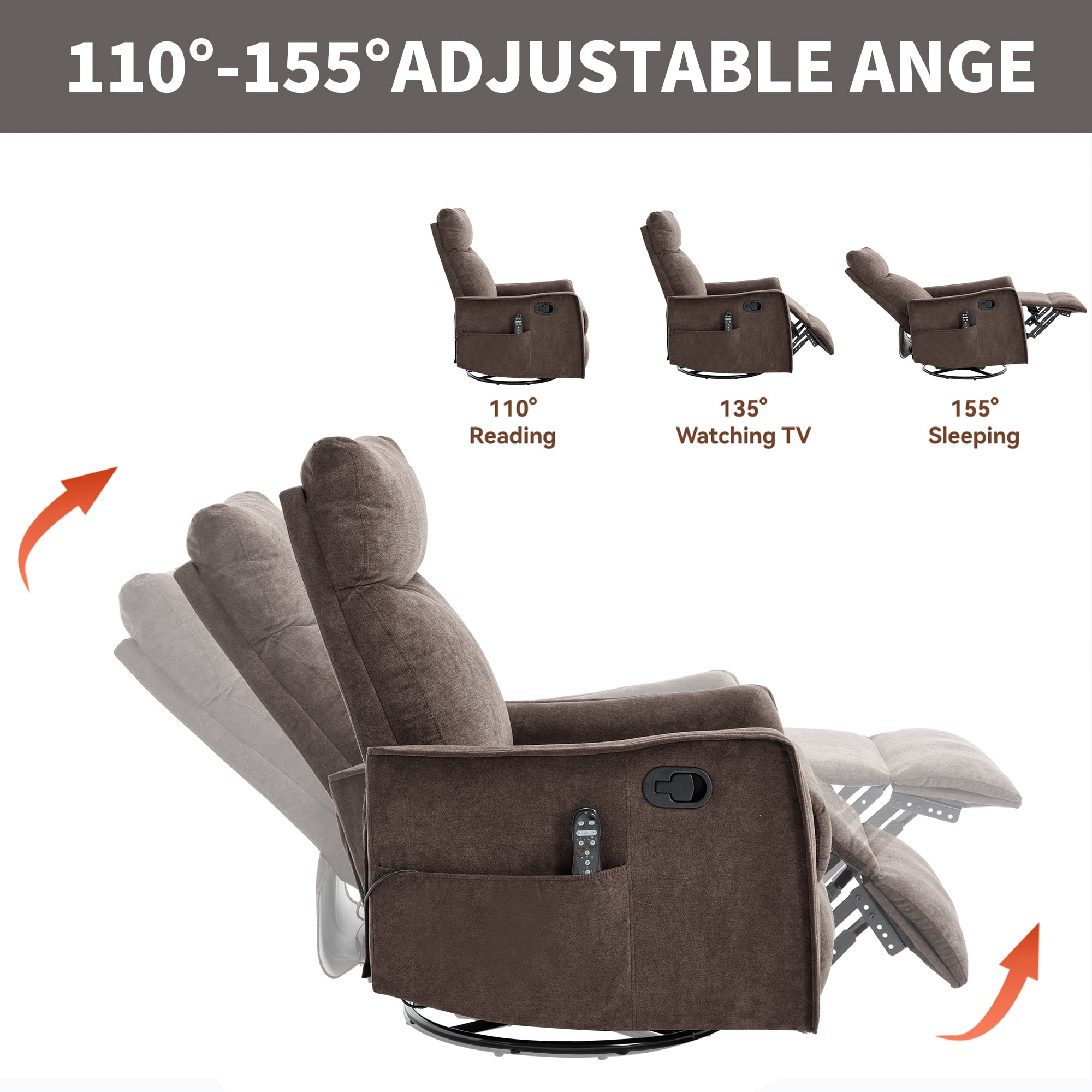 Leumius Recliner Chair with Massage and Heat,360° Manual Swivel Rocker Chair for Adults,Upholstered Fabric Glider Recliner Nursery Chair with Side Pockets for Living Room,Brown