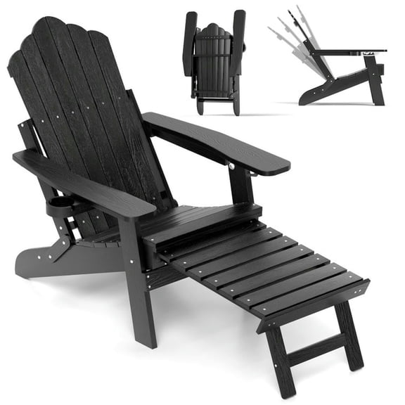 Kepooman Outdoor Chaise Lounge, Outdoor Lounge Chair,All-Weather HIPS Patio Adirondack Lounge Chair with Retractable Footrest-Black