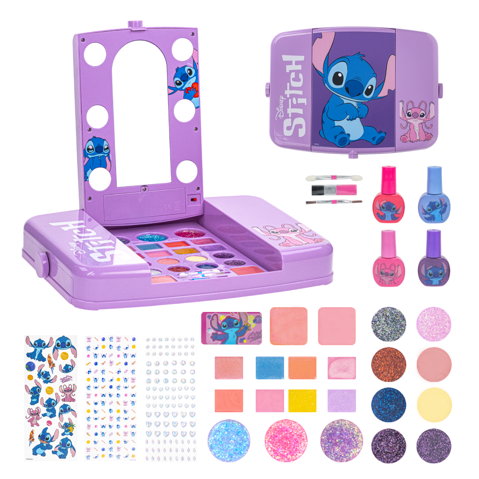 Disney Stitch Beauty Vanity Set with Light-Up Mirror, Includes Lip Gloss, Eyeshadow, Blush, Brushes, Nail Polish, Accessories, Batteries Not Included, Ages 6+, for Gift-Giving, by Townley Girl