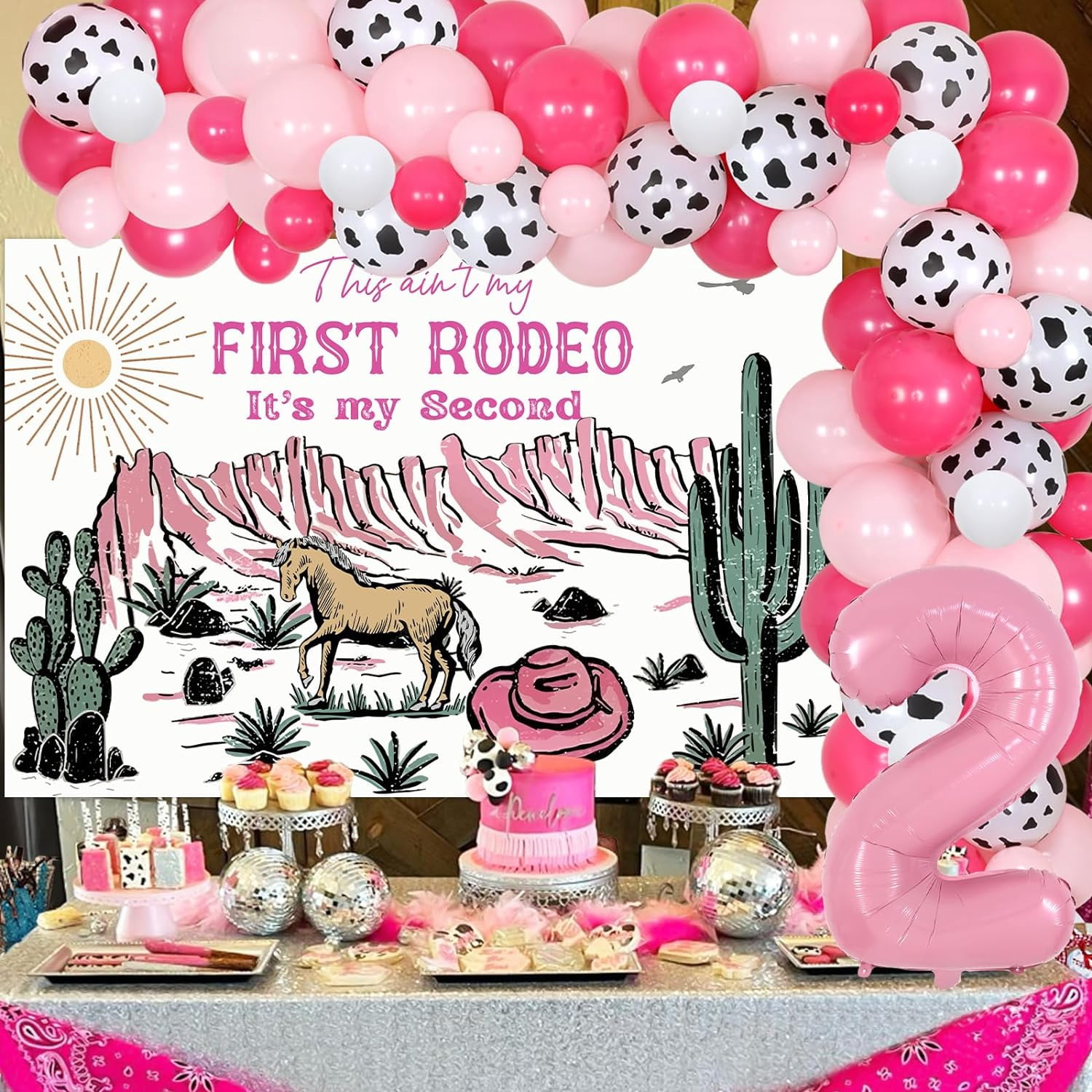 Cowgirl 2nd Birthday Decorations This ain't My First Rodeo Its My Second Backdrop Banner Pink Cow Balloon Arch Kit Number 2 Foil Balloon for Western Cowgirl 2nd Wild West Second Birthday