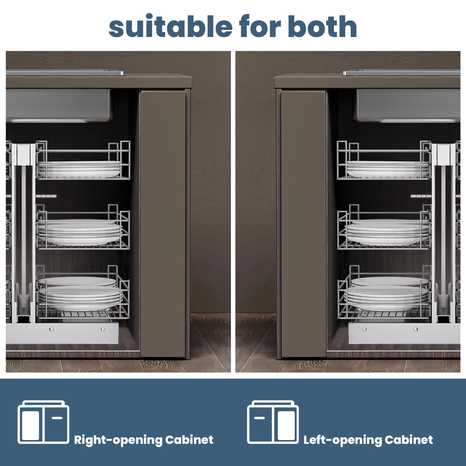 3 Tier 6 Shelf Blind Corner Pull Out Organizer,For Cabinets With Grid Design, Stainless Steel Kitchen Storage Organization, 103 Lbs Under Cabinet Organizer With Metal Glide Slot