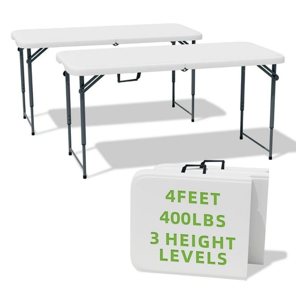 Ortus Collective Folding Table 4 Foot - 3-Position Adjustable Height, Heavy Duty 400 lbs Capacity - Portable Tables Folding for Camping, Party, Indoor & Outdoor Use, 2 Pack