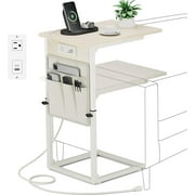 C Shaped End Table with Charging Station Adjustable Height Side Table for Couch Small Sofa Table with Storage Bag Slide Under Sofa TV Tray Snack Arm Tables for Living Room Bedroom Br