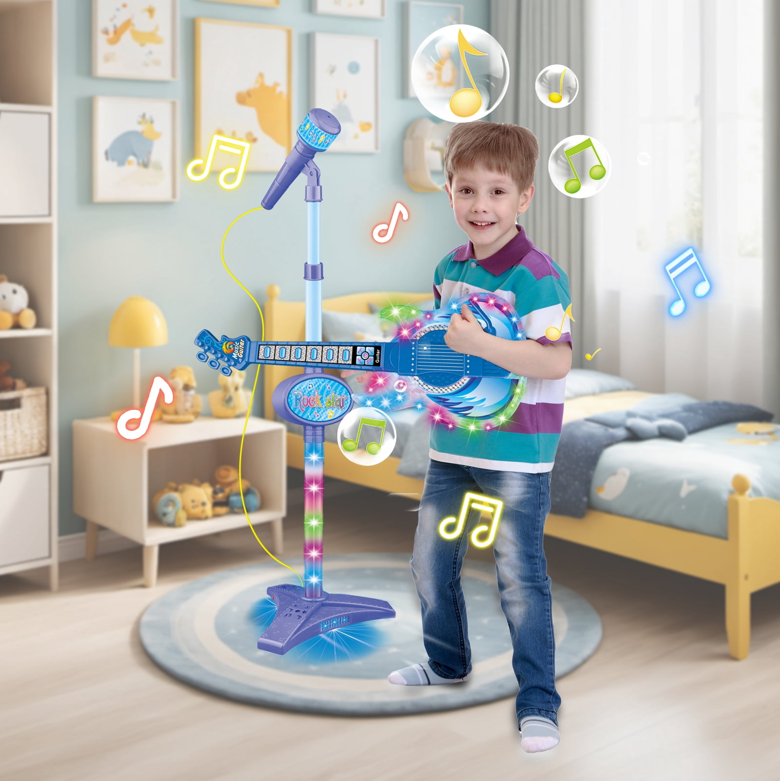 LINXUXIE Guitar for Kids, Guitar & Microphone Set for Toddler, Karaoke Toy Gift for Boys & Girls
