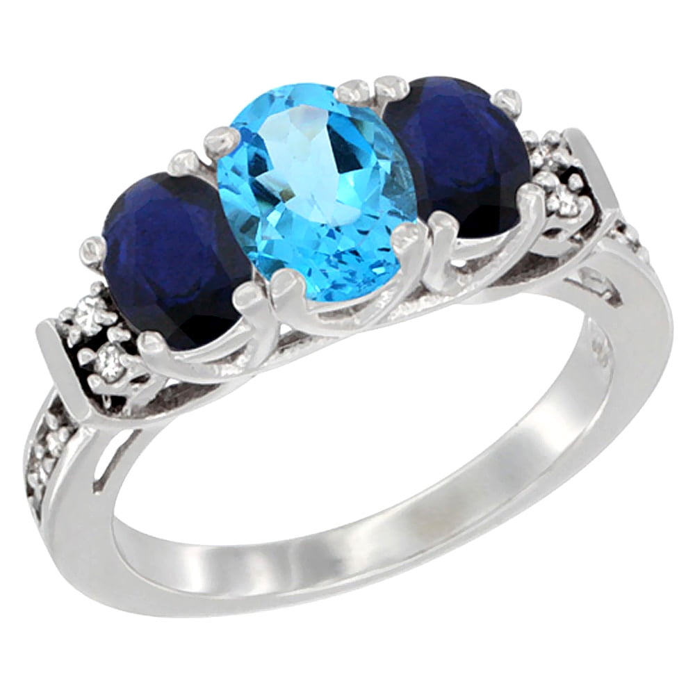 10K White Gold Natural Swiss Blue Topaz & HQ Blue Sapphire Ring 3-Stone Oval Diamond Accent, size 5.5 by Gabriella Gold