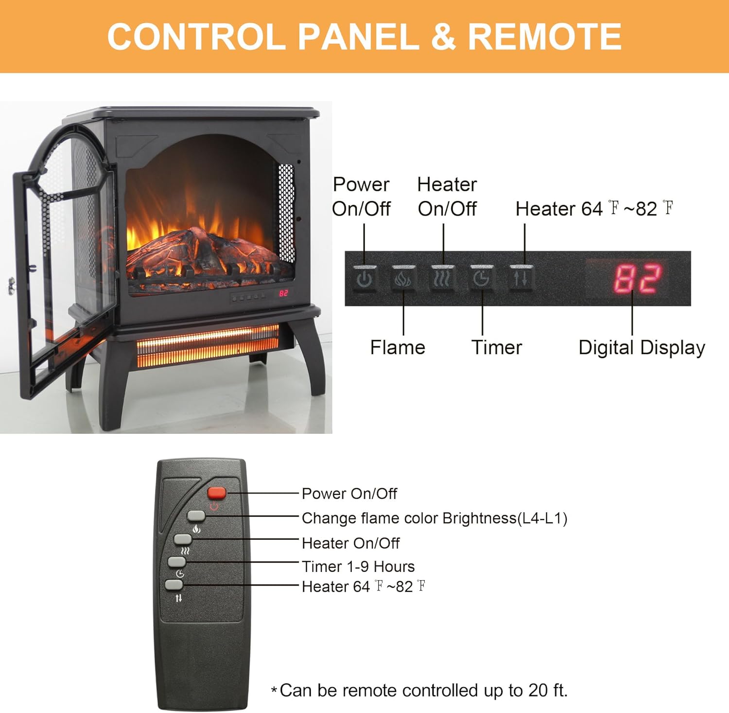 Innoflame 18" Electric Fireplace Virtual Stove, Infrared Quartz Heater w/3D Flame, Remote, Timer, Adjustable Temperature/Brightness, 1500W, Black