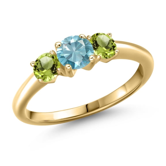 Gem Stone King 10K Yellow Gold Blue Zircon and Green Peridot Engagement Ring for Women | 1.45 Cttw | Round 5MM | Gemstone Birthstone | Size 8