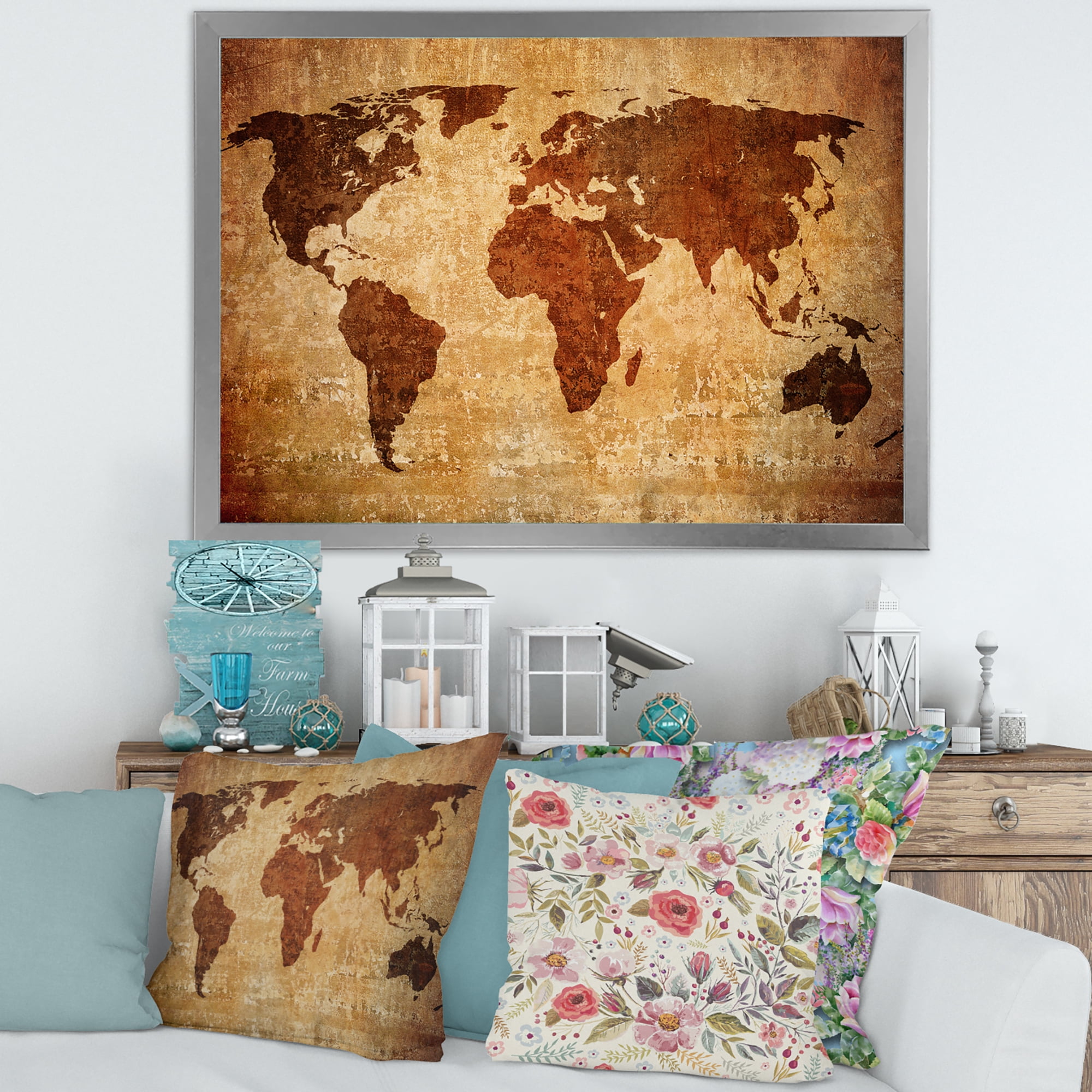 Designart 'Ancient World Map XI' Vintage Framed Art Print
