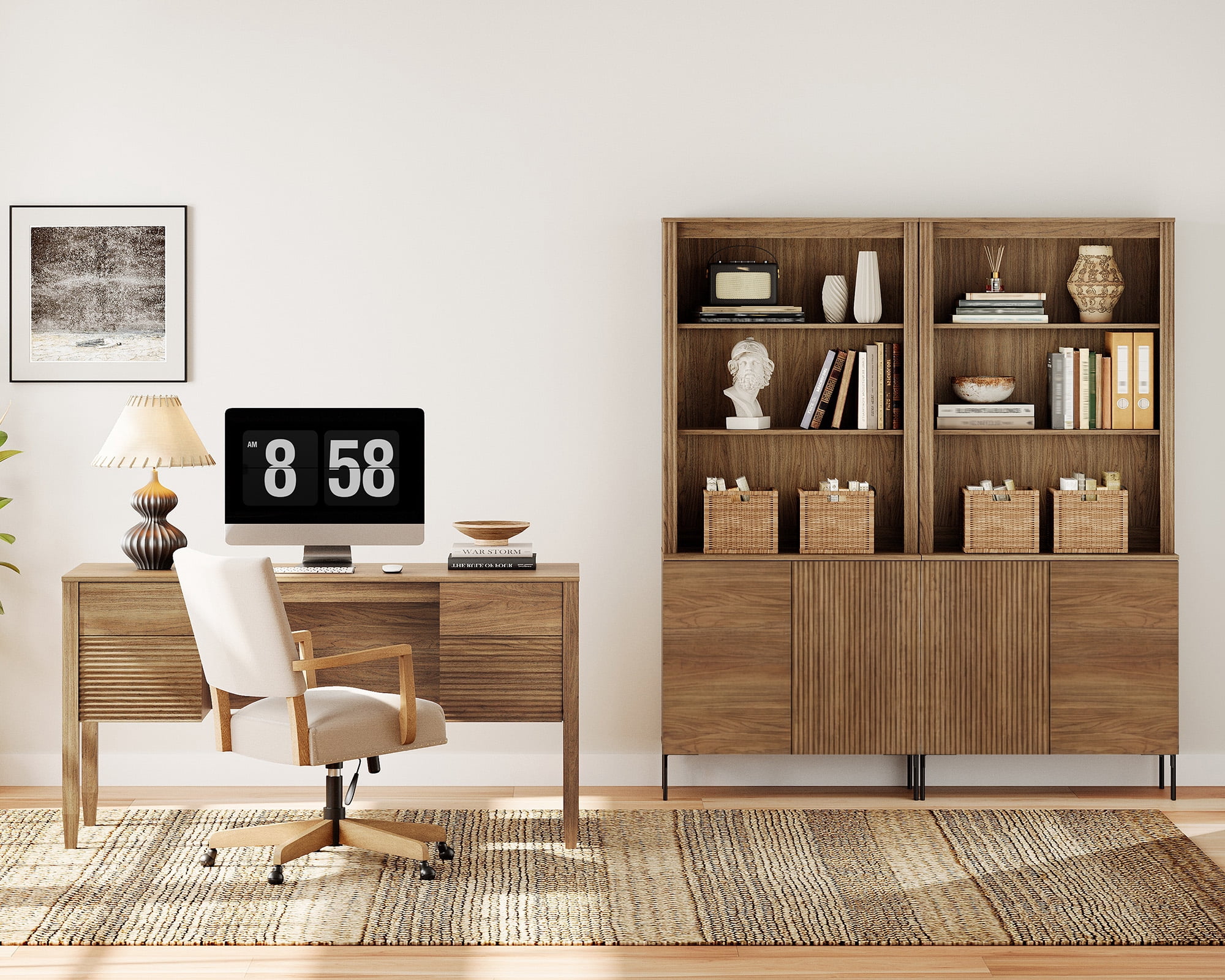 WAMPAT 3 Piece Living Room Furniture Set, 58 Inch Console Table with 2 71.5 Inch Tall Bookcases, Double Door Storage Cabinets, Adjustable Shelves, Modern Fluted Bookcase Set for Living Room