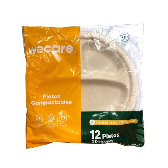 Platos desechables We Care compostables N°9 con 3 divisiones 12 pzas