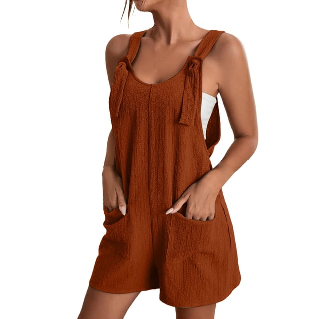 TrendOFT Combinaison Décontractée d'Été pour Femmes Bretelles Spaghetti Shorts Sans Manches Col Carré avec Poches Combinaisons une Pièce Marron P