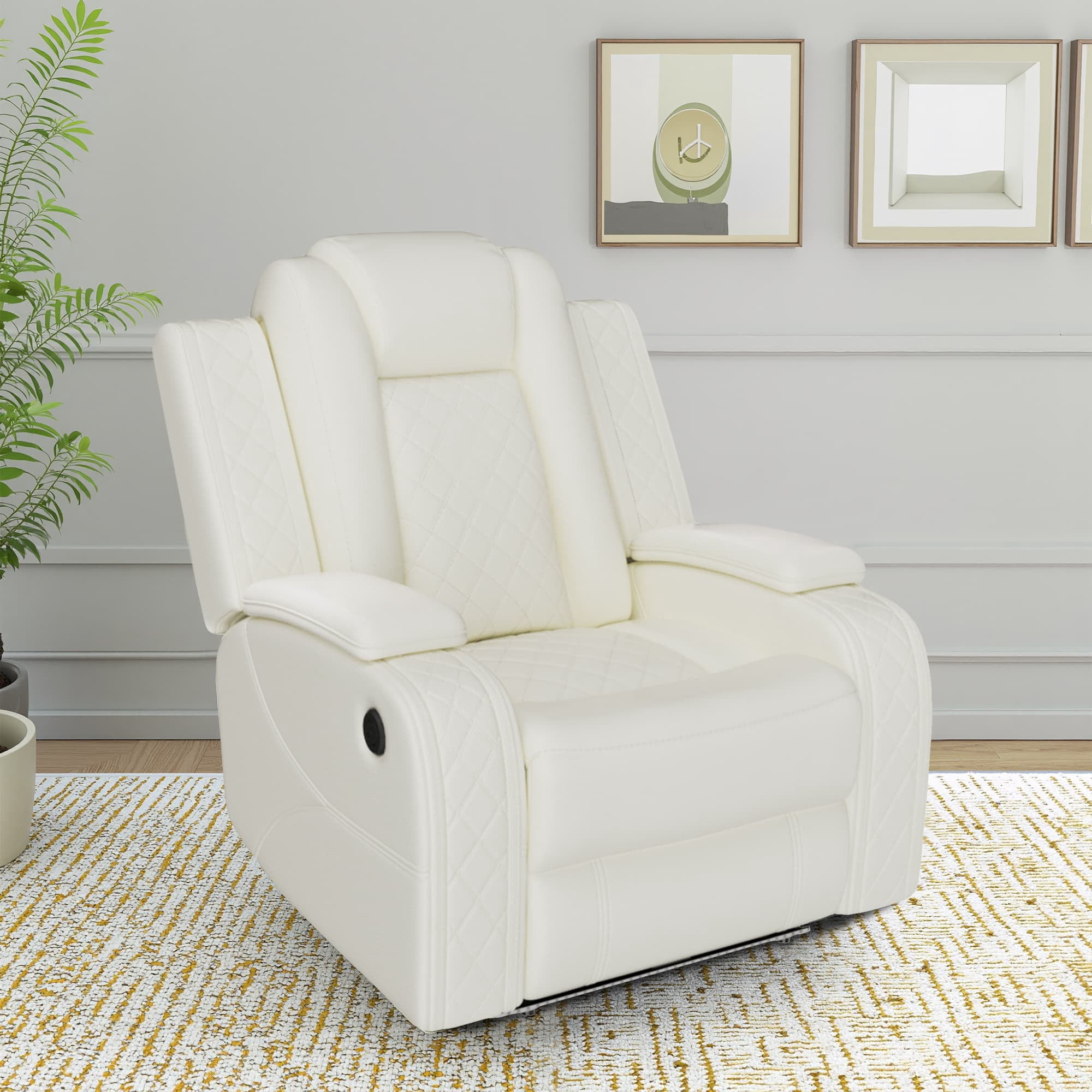MAYEERTY Power Recliner Chair, Electric Leather Reclining Chair with USB Charging, Storage Armrest & Adjustable Backrest for Living Room, White