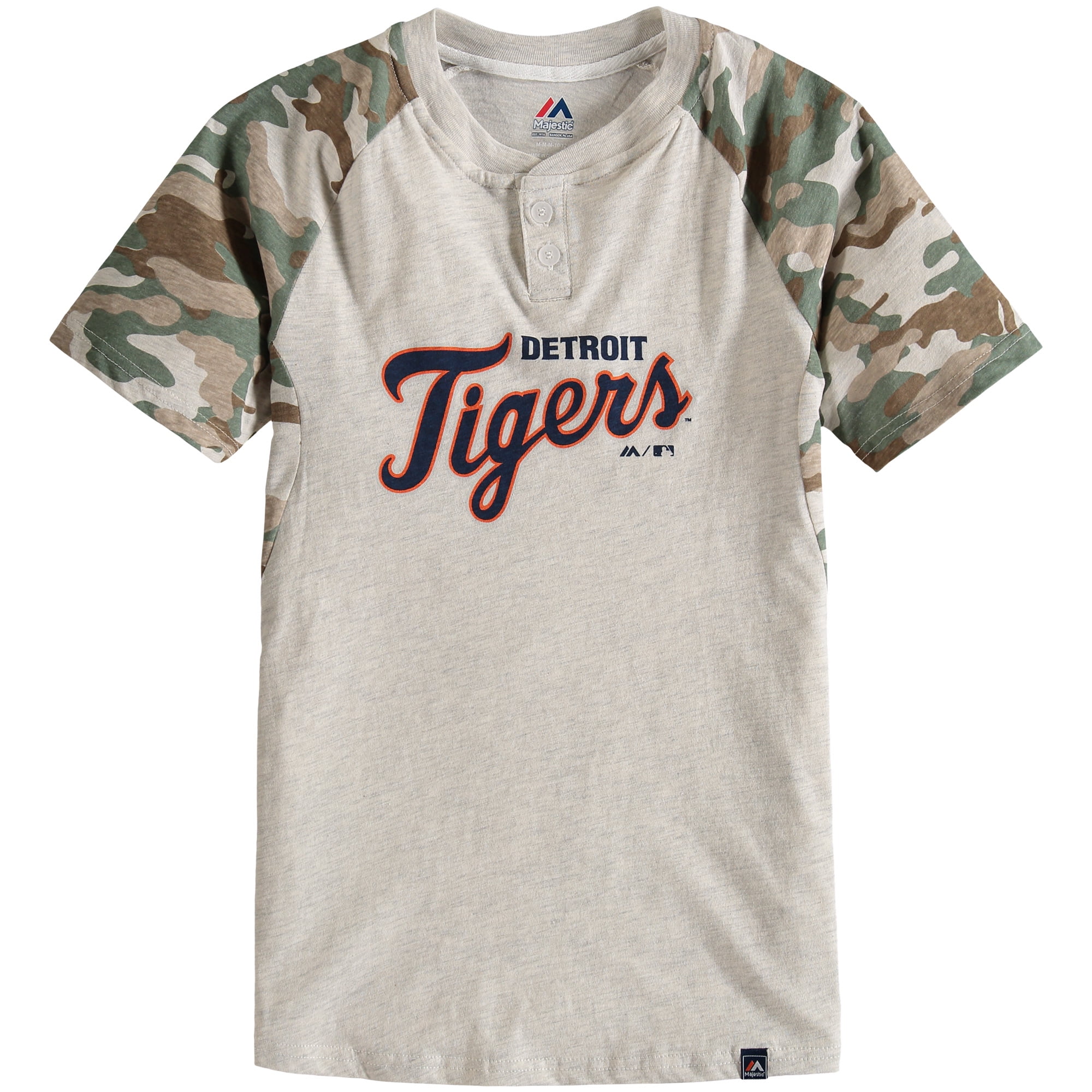 Detroit Tigers Majestic Youth Base Stealer Henley T-Shirt Cream Camo by Outerstuff