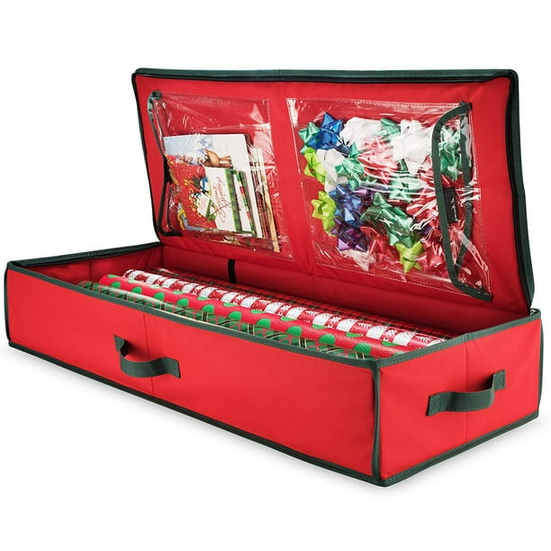 Premium Holiday Christmas Gift Wrap Storage Box With Inside Pockets
