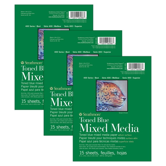 Strathmore 400 Series Mixed Media Pad, Toned Blue, Glue Binding, 15 Sheet, 6x8 inch, Pack of 3