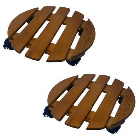 2 Pack of 14 Inch Round Wood Roller Planter Caddy Fruitwood Slatted Wheel Plant Pot