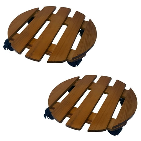 2 Round Pots 2 Pack of 14 Inch Round Wood Roller Planter Caddy Fruitwood Slatted Wheel Plant Pot Caddie ()