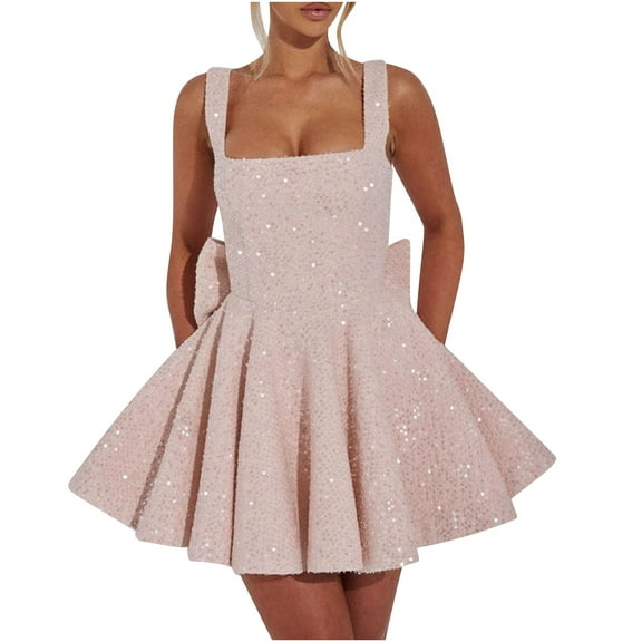 Square Neck Sequin Homecoming Dresses 2025 Spaghetti Strap A-Line Cocktail Party Dresses with Bow