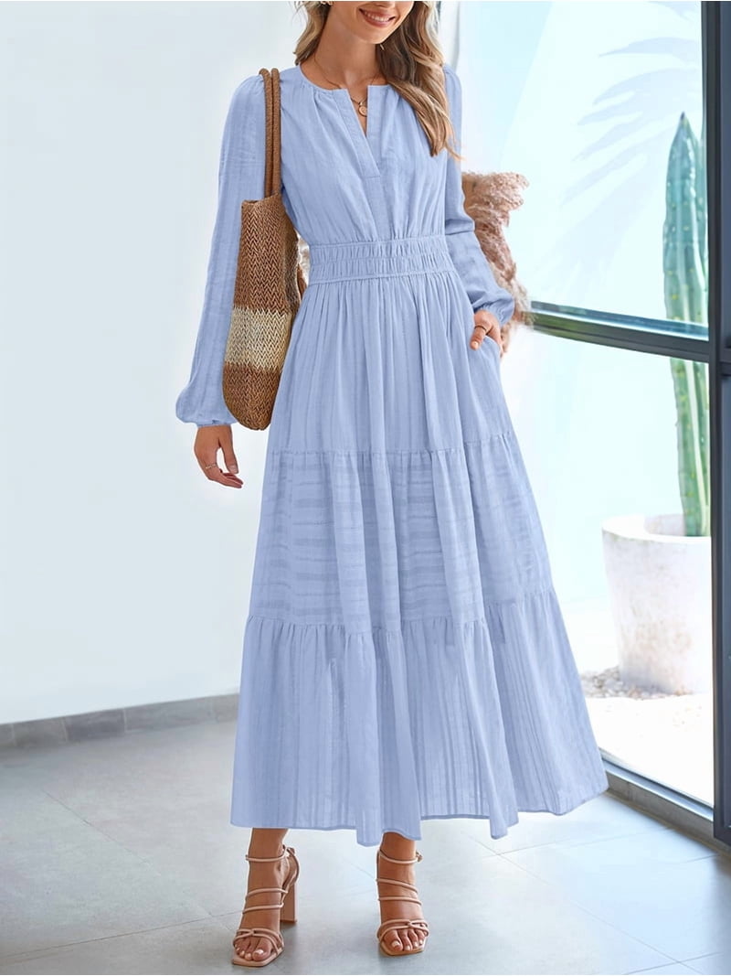 princess polly baby blue dress Women's Maxi Dress Long Sleeve V-Neck with Pockets, Casual Elastic Waist  Lightweight Wedding Guest Dress for Fall Light Blue XL