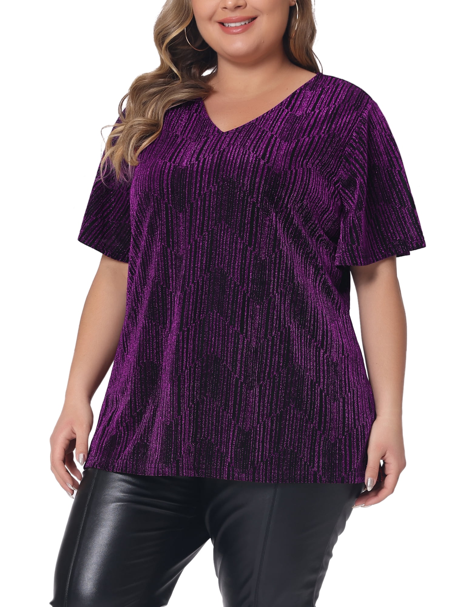DARING DIVA Women's Plus Metallic Tops V Neck  T-Shirt Party Top Glitter Blouses 3X Purple