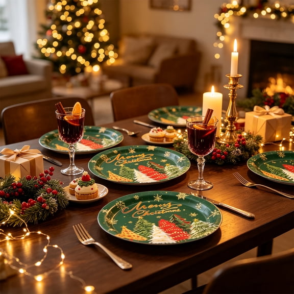 Christmas Tree Paper Plates Set with Disposable Cups and Napkins for Holiday Party Table Decorations