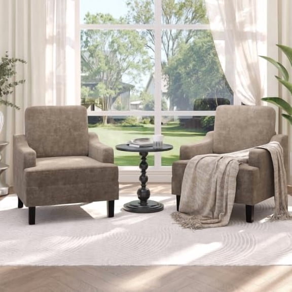 Set of 2 Light‑Brown Chenille Scooped Upholstered Accent Armchairs