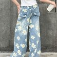 thumbnail image 6 of TOWED22 Girl's Floral Baggy Wide Leg Jeans Y2K Zipper Fly Washed Denim Pants with Pockets,Navy,9-10 Y, 6 of 7