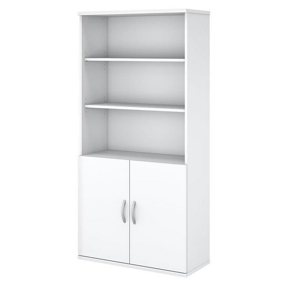 Pemberly Row 5 Shelf Bookcase with Doors in Pure White - Engineered Wood