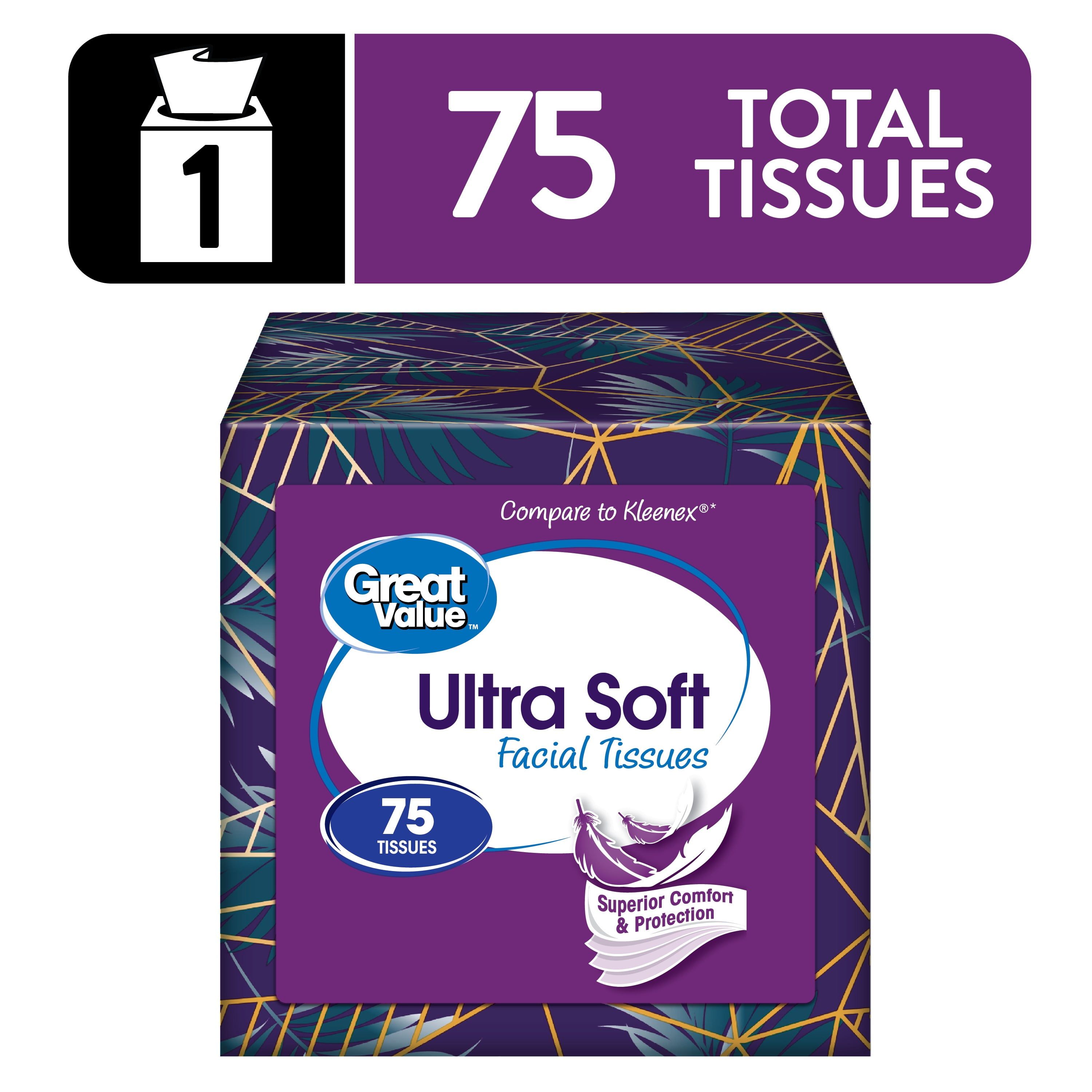 (12 pack) Great Value Ultra Soft Facial Tissues, Cube Box, 75 Count, 3-Ply